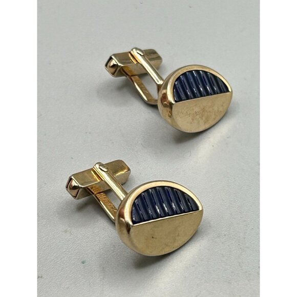 Vintage Swank Cufflinks Gold Tone Blue Textured Sides Mid Century Modern Design - Picture 7 of 8